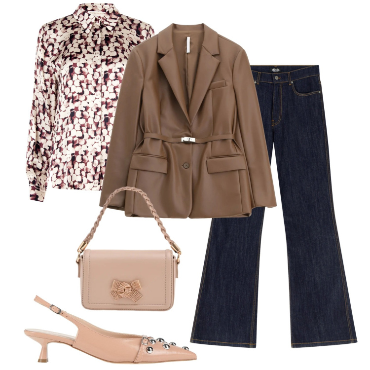 Outfit donna - Un occhio alla primavera. Stile Casual chic per Tutti i giorni. Abbinamento con décolleté, blazer, jeans a zampa, pochette, camicie.