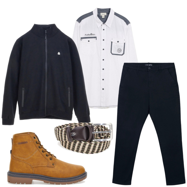 Outfit uomo - Total look #2336751. Stile Trendy per Tutti i giorni. Abbinamento con camicie, pantaloni chino, cinture, felpe, anfibi.