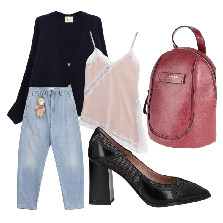 Outfit donna - Sofisticata. Stile Bon Ton per Serata fuori. Abbinamento con zaini, décolleté, canottiere, cardigans, jeans.