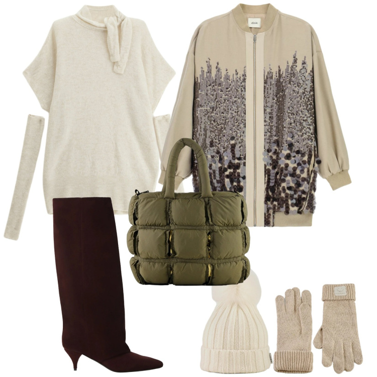 Outfit donna - Febbraio. per Tutti i giorni. Abbinamento con vestiti lunghi, stivali, bomber, borse a mano, berretti, guanti.