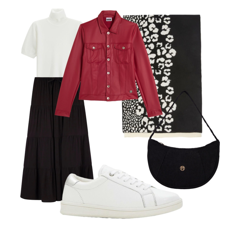 Outfit donna - Con la gonna. Stile Casual chic per Serata fuori. Abbinamento con sneakers, gonne lunghe, maglieria, sciarpe, giacche, borse a mano.