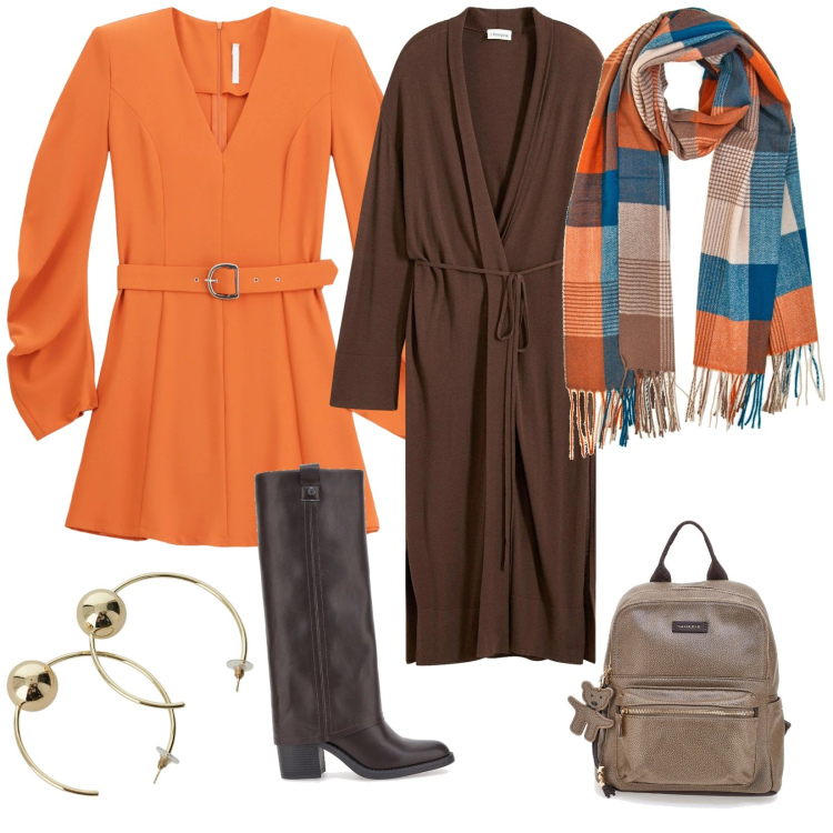 Outfit donna - Oranc style. per Tutti i giorni. Abbinamento con cappotti, vestiti corti, orecchini, stivali sopra il ginocchio, zaini, sciarpe.