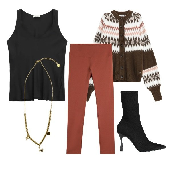 Outfit donna - stilosa anche con i leggings sportivi. Stile Trendy per Serata fuori. Abbinamento con stivaletti, top, leggings, ciondoli, cardigans.