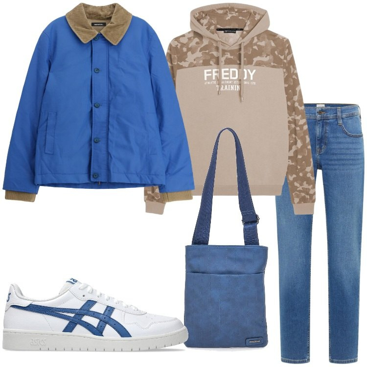 Outfit uomo - Tempo libero. Stile Casual per Tutti i giorni. Abbinamento con jeans bootcut, cappotti, felpe con cappuccio, portafogli, sneakers.