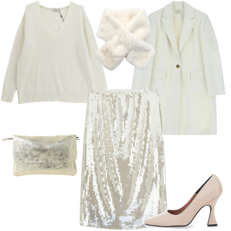 Outfit donna - Cerimonia d\'inverno. Stile Glamour per Cerimonia. Abbinamento con borse a spalla, gonne longuette, cappotti, maglieria, sciarpe, décolleté.