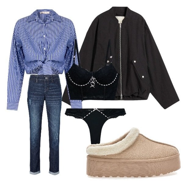 Outfit donna - casual sexy. Stile Casual per Tutti i giorni. Abbinamento con jeans boyfriend, bomber, perizomi, bralette, camicie, stivaletti.