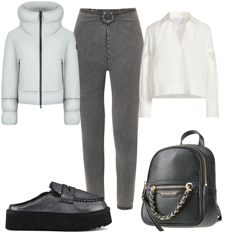 Outfit donna - Total look #2336768. Stile Trendy per Tutti i giorni. Abbinamento con zaini, top, jeggings, piumini, mocassini.