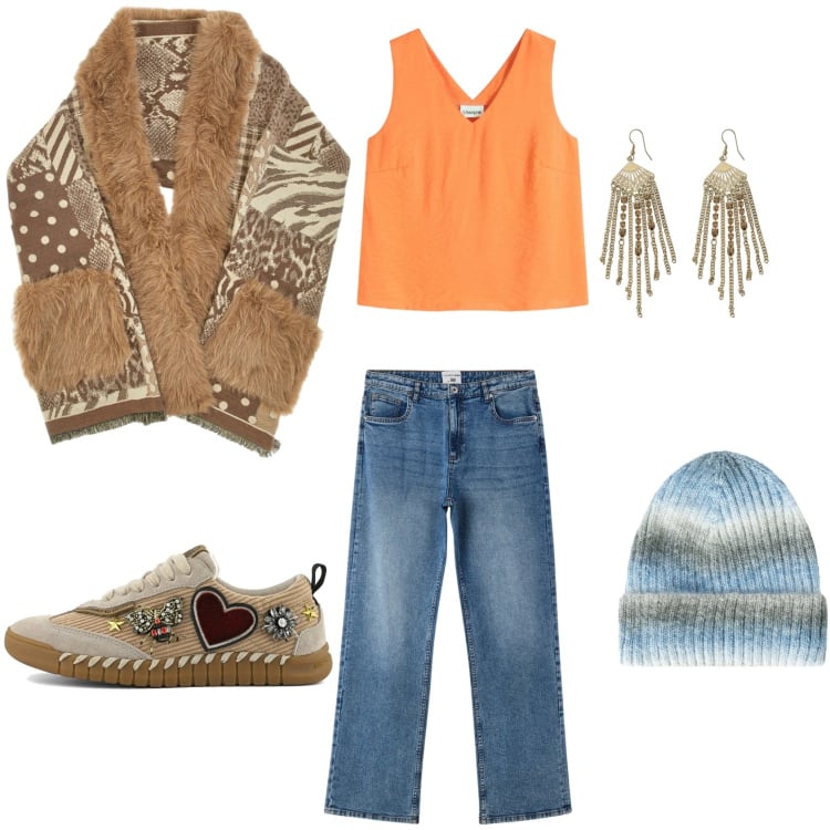 Outfit donna - Neo hippie chic. Stile Etnico per Scuola/Università. Abbinamento con top, orecchini, berretti, jeans dritti, sneakers, cappe.