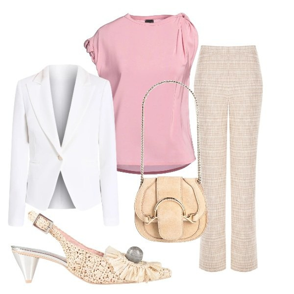 Outfit donna - osare con le decolleté slingback. Stile Bon Ton per Cerimonia. Abbinamento con top, marsupi, décolleté, blazer, pantaloni a palazzo.