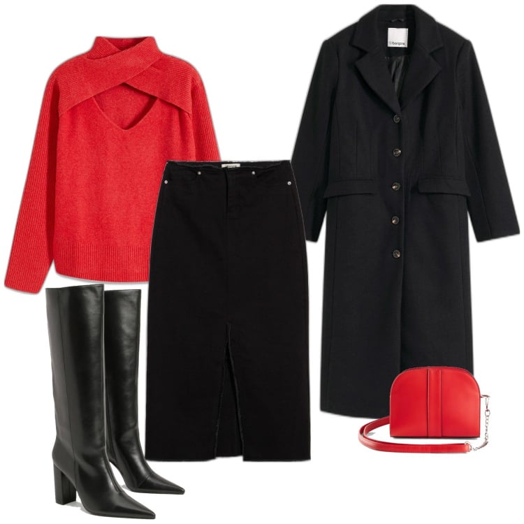 Outfit femme - Pull rouge. Style Glamour pour Tous les jours. Assortir avec jupes au genou, pulls, manteaux, sacs en bandoulière, bottes.