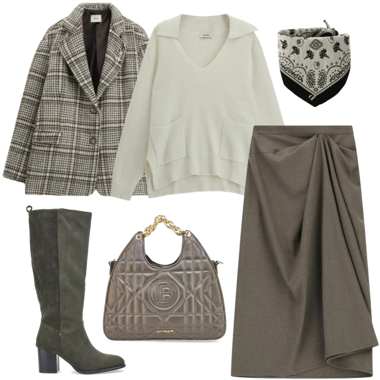 Outfit donna - Total look #2336778. Stile Casual chic per Tutti i giorni. Abbinamento con gonne longuette, maglieria, foulard, blazer, borse a mano, stivali.