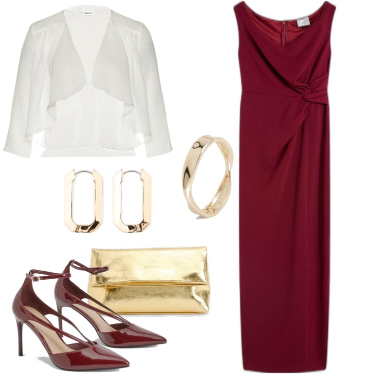 Outfit femme - Robe de soirée rouge. Style Glamour pour Soirée dehors. Assortir avec blazers, boucles d'oreilles, robes, chaussures à talon, pochette, bracelets.