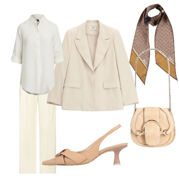 Outfit donna - Laura. Stile Casual chic per Serata fuori. Abbinamento con marsupi, sciarpe, pantaloni, décolleté, blazer, camicie.