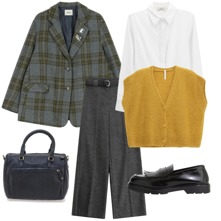 Outfit donna - British donna. Stile Trendy per Ufficio. Abbinamento con cardigans, pantaloni a palazzo, mocassini, blazer, camicie, borse a tracolla.