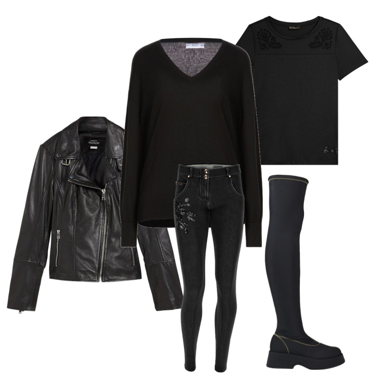 Outfit donna - Total black. Stile Rock per Serata fuori. Abbinamento con stivali sopra il ginocchio, pullovers, blazer, jeans skinny, t-shirt.