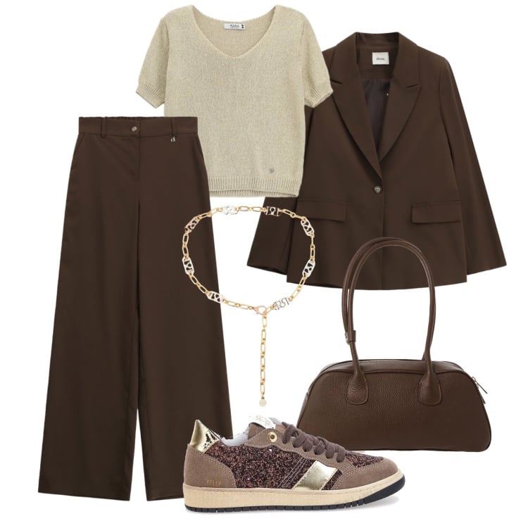 Outfit donna - Ufficio comodo. Stile Casual chic per Ufficio. Abbinamento con maglieria, cinture, pantaloni a palazzo, blazer, borse a mano, sneakers.