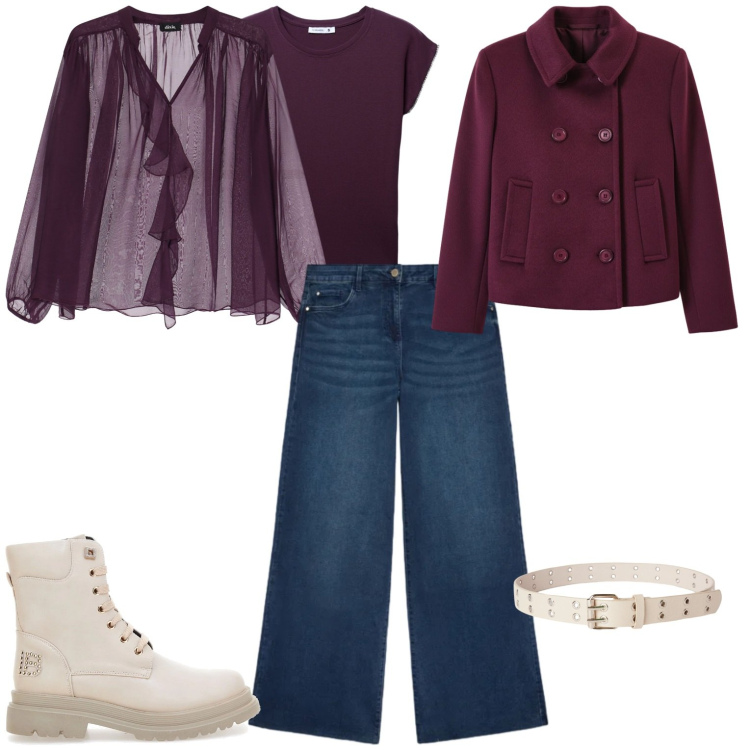 Outfit donna - Casual. Stile Casual per Serata fuori. Abbinamento con jeans, t-shirt, cinture, caban, bluse, anfibi.