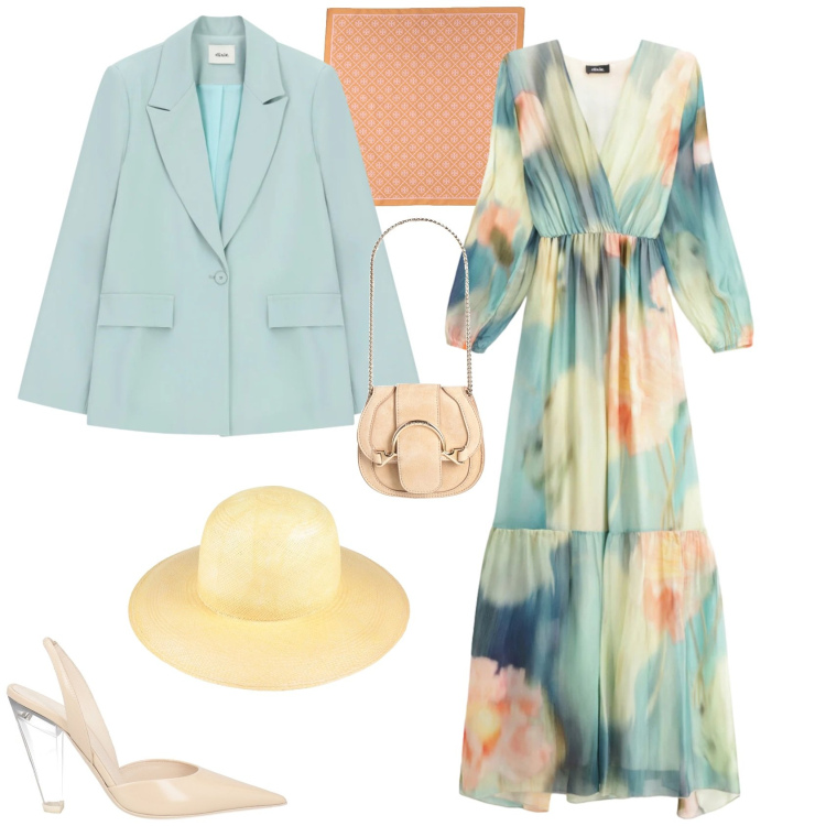 Outfit donna - Romantica evento cerimonia. Stile Romantica per Cerimonia. Abbinamento con marsupi, sciarpe, cappelli, décolleté, vestiti lunghi, blazer.