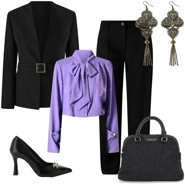 Outfit donna - Total look #2336837. Stile Chic per Ufficio. Abbinamento con bluse, pantaloni, blazer, décolleté, orecchini, borse a tracolla.