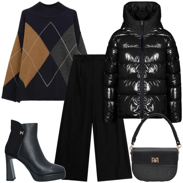 Outfit donna - Casual chic. Stile Casual chic per Tutti i giorni. Abbinamento con stivaletti, borse a spalla, piumini, pantaloni a palazzo, pullovers.