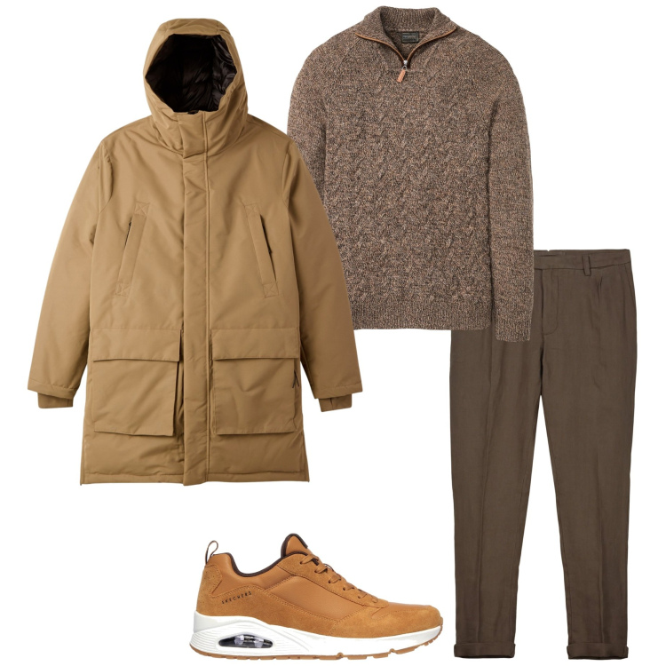 Outfit uomo - Urban invernale. Stile Casual per Tutti i giorni. Abbinamento con maglieria, parka, sneakers, pantaloni.