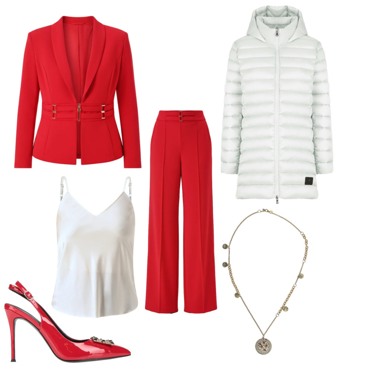 Outfit donna - Total look #2336840. Stile Chic per Ufficio. Abbinamento con décolleté, ciondoli, top, blazer, pantaloni a palazzo, piumini.
