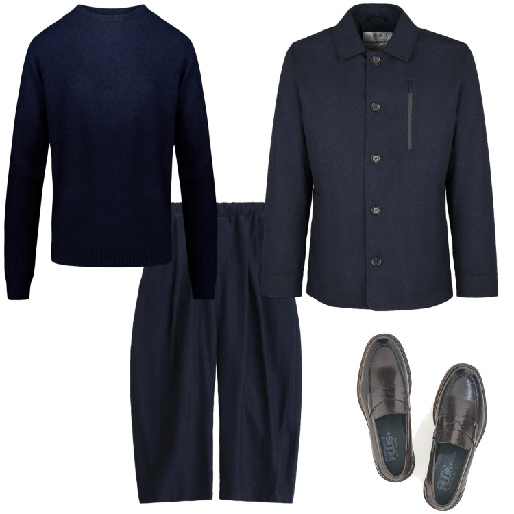 Outfit uomo - Sporty chic. Stile Trendy per Tutti i giorni. Abbinamento con pantaloni, piumini, scarpe stringate, maglieria.