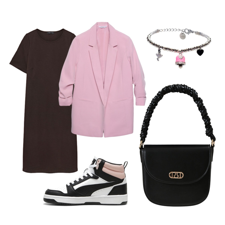 Outfit donna - Rosita. Stile Trendy per Tutti i giorni. Abbinamento con blazer, vestiti lunghi, braccialetti, borse a mano, sneakers alte.