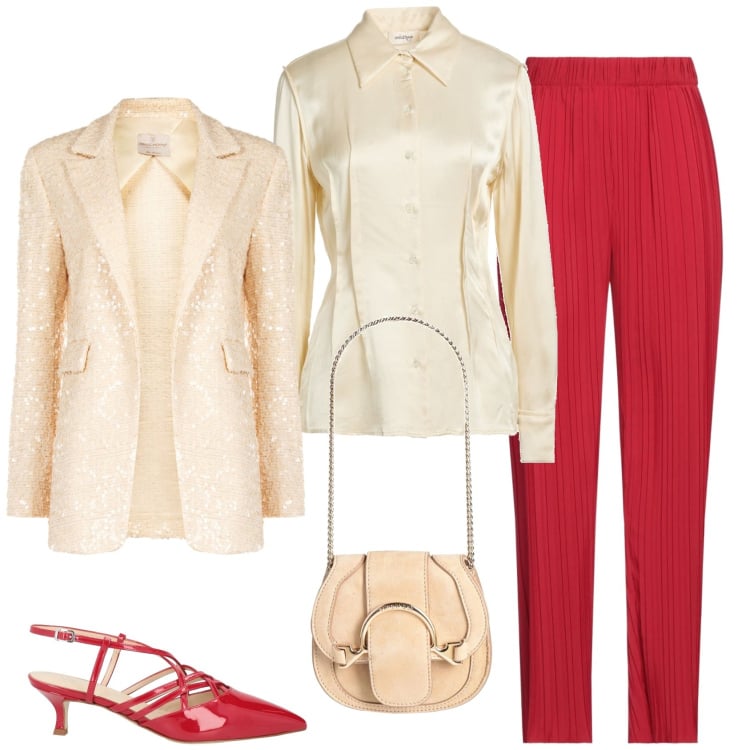 Outfit donna - Rosso e avorio. Stile Chic per Cerimonia. Abbinamento con camicie, marsupi, décolleté, pantaloni, blazer.