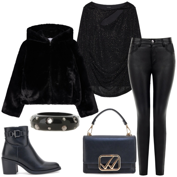 Outfit donna - Total look #2336851. Stile Chic per Serata fuori. Abbinamento con ecopellicce, t-shirt, anelli, pantaloni skinny, stivaletti, borse a tracolla.