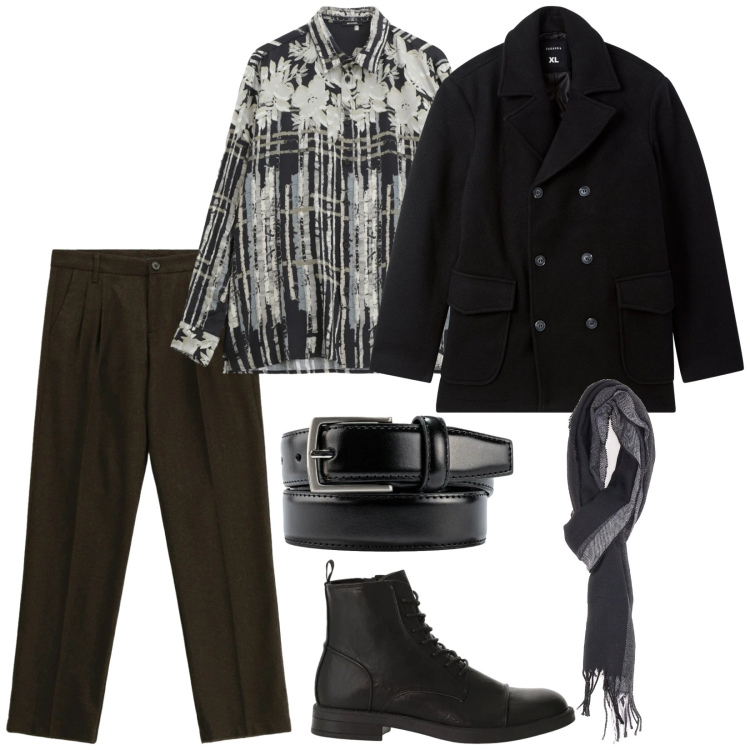 Outfit uomo - Io e te. Stile Trendy per Serata speciale. Abbinamento con camicie, pantaloni, anfibi, caban, sciarpe, cinture.