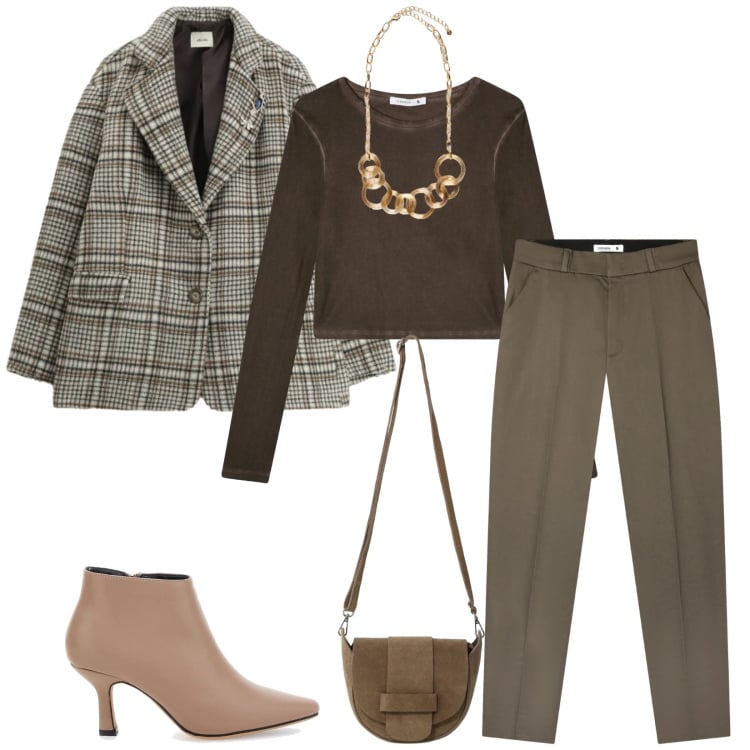 Outfit donna - Total look #2336860. Stile Casual chic per Ufficio. Abbinamento con blazer, borse a tracolla, pantaloni chino, t-shirt, collane, stivaletti.