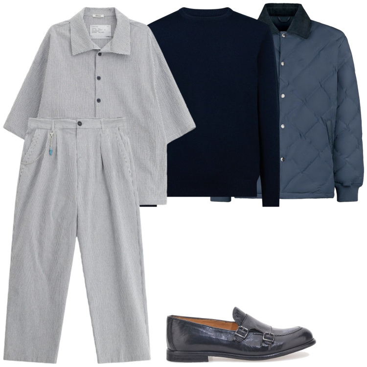 Outfit uomo - Interessanti sovrapposizioni. Stile Casual per Tutti i giorni. Abbinamento con pantaloni, camicie a manica corta, giacche, maglieria, scarpe stringate.