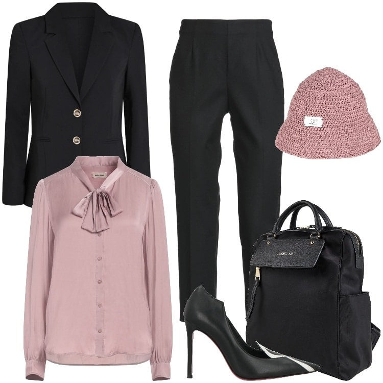 Outfit donna - Total look #2336862. Stile Chic per Ufficio. Abbinamento con camicie, décolleté, pantaloni, cappelli con visiera, zaini, blazer.