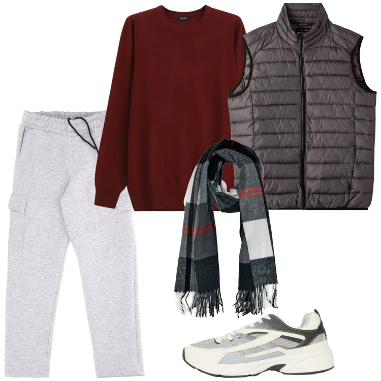 Outfit uomo - Mix and match. Stile Casual per Sport. Abbinamento con piumini, sneakers, maglieria, sciarpe, pantaloni cargo.
