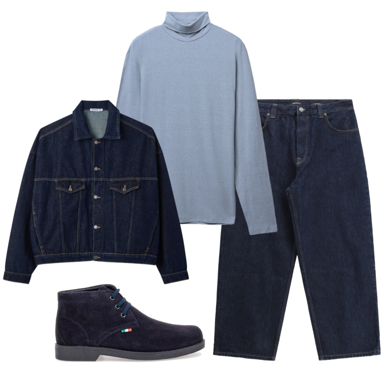 Outfit uomo - Total look #2336864. Stile Casual per Tutti i giorni. Abbinamento con cappotti, t-shirt, jeans, stivali e stivaletti.