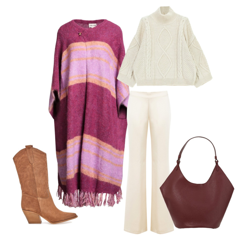 Outfit donna - Boho Warmth. Stile Boho per Tutti i giorni. Abbinamento con cappe, maglieria, borse a spalla, pantaloni a palazzo, stivaletti texani.