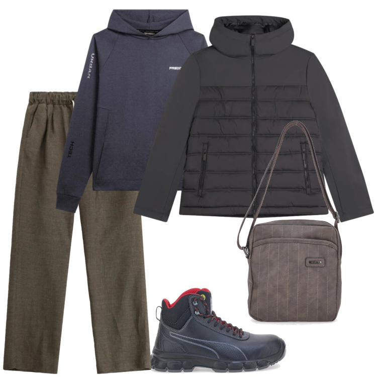 Outfit uomo - Passeggiata in montagna. Stile Casual per Tutti i giorni. Abbinamento con pantaloni, piumini, felpe con cappuccio, portafogli, stivali e stivaletti.