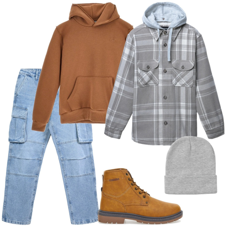 Outfit uomo - A scuola. Stile Casual per Tutti i giorni. Abbinamento con berretti, cappotti, jeans, felpe con cappuccio, anfibi.