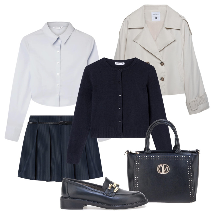 Outfit donna - Preppy pomeriggio tiepido. Stile Preppy per Tutti i giorni. Abbinamento con cardigans, caban, camicie, minigonne, borse a mano, mocassini.