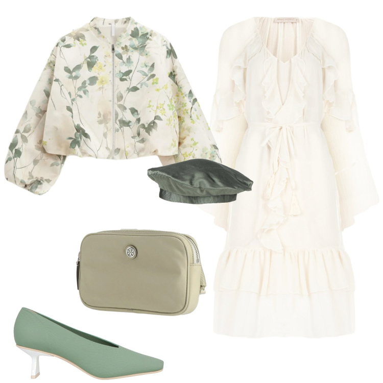 Outfit donna - La primavera di Botticelli. Stile Romantica per Cerimonia. Abbinamento con marsupi, cappelli e berretti, décolleté, bomber, vestiti midi/longuette.