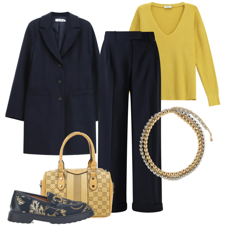Outfit donna - Oggi in Blu e Senape. Stile Glamour per Tutti i giorni. Abbinamento con collane, maglieria, cappotti, pantaloni, mocassini, borse a spalla.