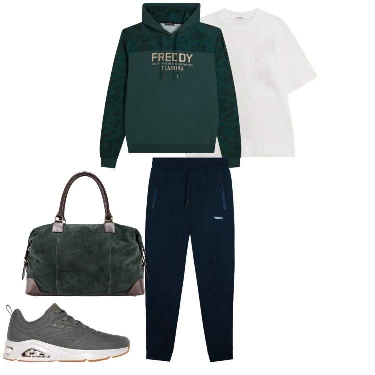 Outfit uomo - Urban Training Spirit. Stile Urban per Tutti i giorni. Abbinamento con t-shirt, pantaloni, felpe con cappuccio, borse sportive, sneakers.