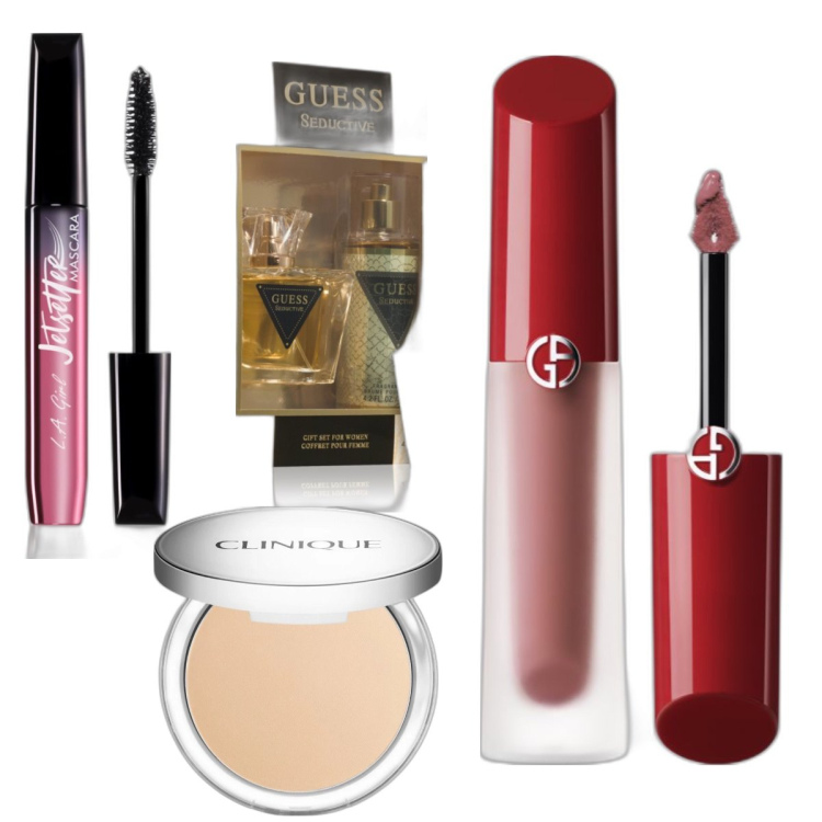 Outfit donna - Tutto l’occorrente. Abbinamento con fondotinta, rossetti, mascara, profumi.