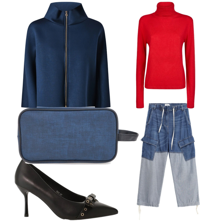 Outfit donna - Il jeans bicolore. Stile Rock per Tutti i giorni. Abbinamento con décolleté, jeans, cappe, maglieria, valigie.