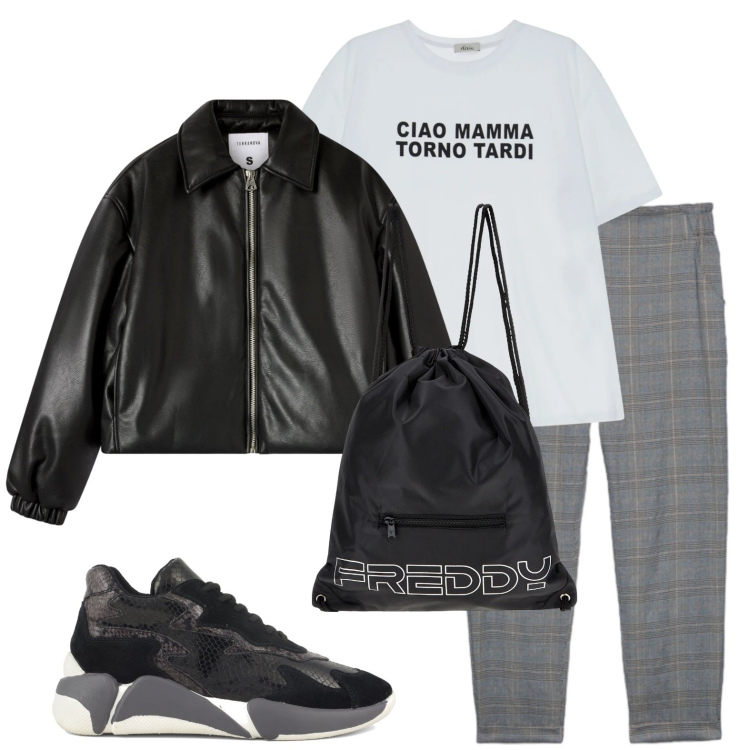 Outfit donna - Oggi voglio stare comoda. Stile Sporty chic per Tutti i giorni. Abbinamento con t-shirt, bomber, zaini, sneakers alte, pantaloni.