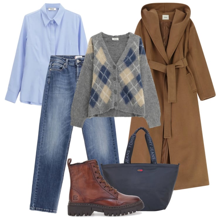 Outfit donna - Total look per tutti i giorni. Stile Casual per Tutti i giorni. Abbinamento con cardigans, camicie, cappotti, jeans, anfibi, borse tote.