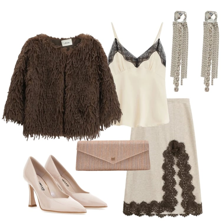 Outfit donna - Total look #2336896. Stile Mannish per Cerimonia. Abbinamento con pochette, orecchini, gonne longuette, top, blazer, décolleté.