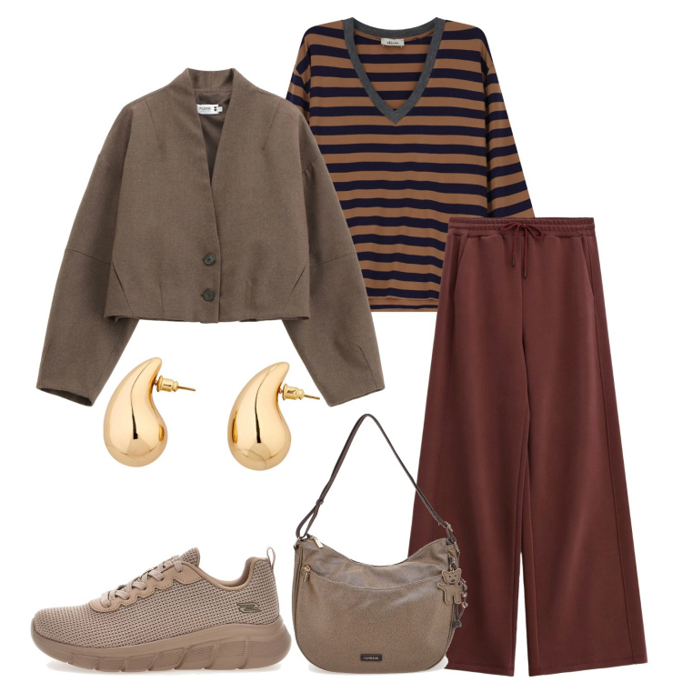 Outfit donna - Total look #2336898. Stile Casual per Tutti i giorni. Abbinamento con orecchini, pantaloni a palazzo, maglieria, blazer, borse a spalla, sneakers.