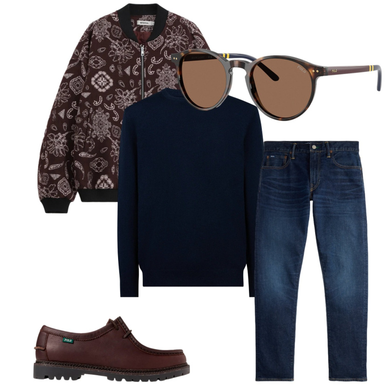 Outfit uomo - Total look #2336902. Stile Trendy per Tutti i giorni. Abbinamento con bomber, occhiali da sole, scarpe stringate, jeans, maglieria.